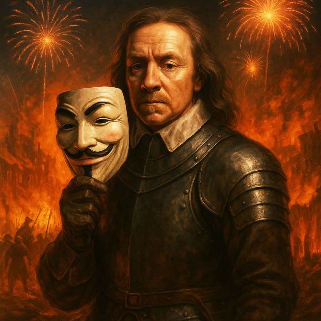 Oliver Cromwell behind the mask of Guy Fawkes