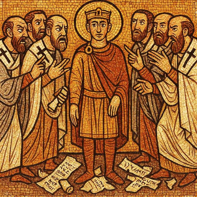 Constantine between rival bishops at Nicaea: an emperor trying to hold together an empire while theologians fight over the nature of Christ and the fate of competing scriptures.
