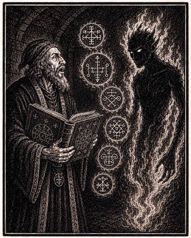 Woodcut-style illustration of a medieval magician holding an open grimoire as occult seals appear between him and a shadowy flame-edged spirit forming in the darkness.